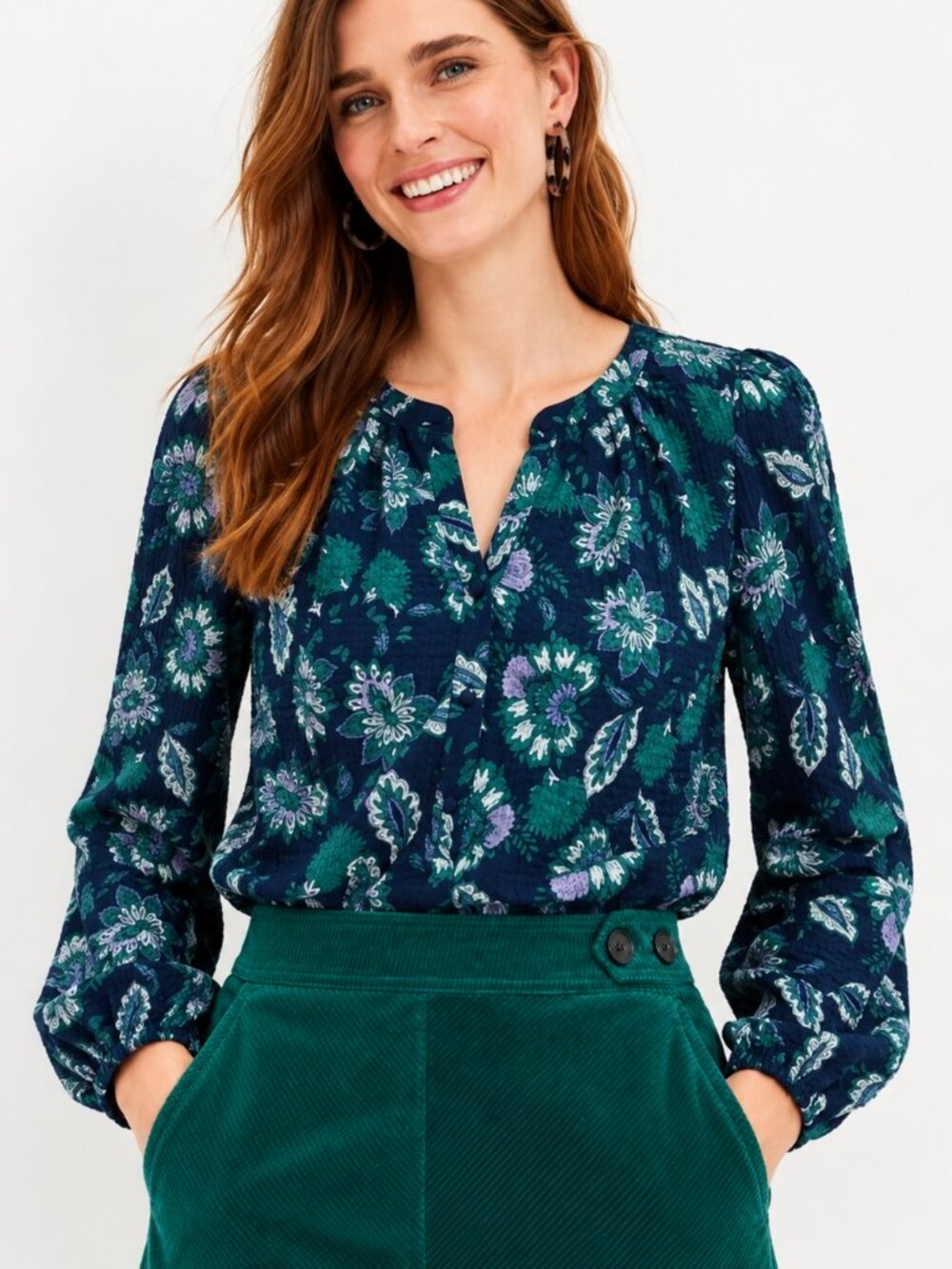 LOFT Navy & Green Botanical Floral Crinkle Knit Peasant Blouse Top SZ Large Boho